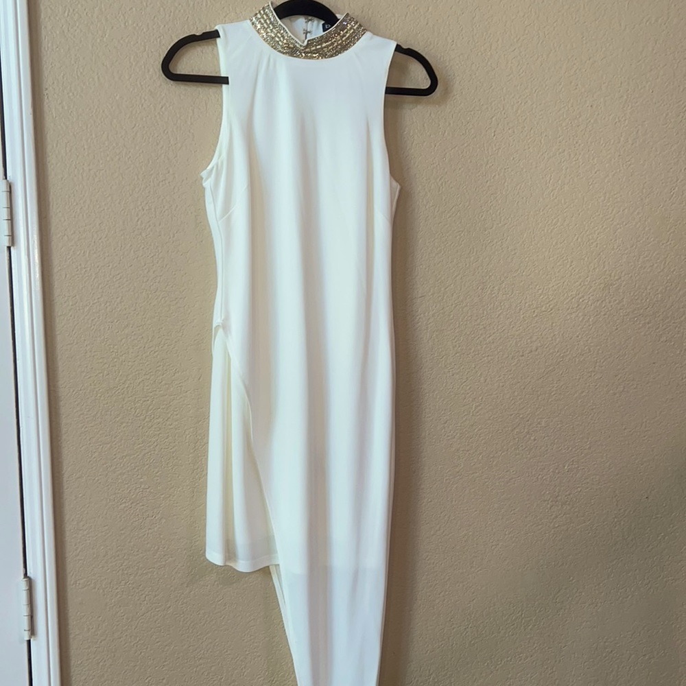 Bebe Asymmetrical Gold Beaded Dress M